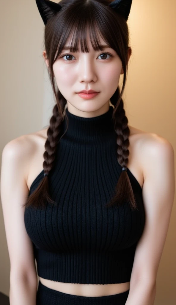 (masterpiece:1.5)、(Realistic:1.5)、(Highest quality:1.4、8K、RAW Photos)、 Ultra-high resolution、Professional Lighting、Perfect dynamic composition、Outdoor Shot、 Film Grain、chromatic aberration、(Bokeh:1.1)、 Frank、Sophisticated、charm、Surreal、High detail、Golden Ratio、 (1 Girl)、Slender girl、繊細でcharm女の子、Cute Woman:1.4、 Serious expression、Looking at the audience、Various poses、 Light brown hair、Shiny Hair、Hairstyle: ponytail、 Realistic looking skin、 shut up.、Beautiful Eyes、double eyelid、Thin arms、、 Perfect proportions、((Wearing a white ribbed turtleneck sleeveless dress:1.3)), (Black Bra:1.4), (Ultra-realistic pantyhose),