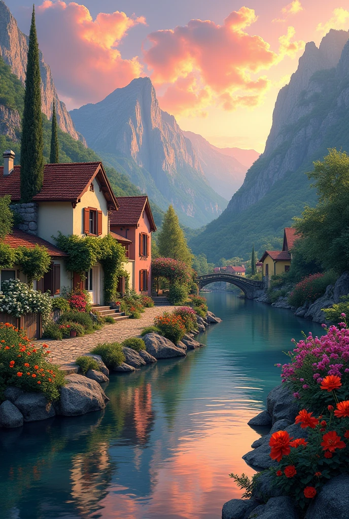 A small village by the river, mountains in the background, colorful flowers, detailed landscape style, beautiful natural scenery, atmospheric lighting,  scorching sunset ,  warm colors, practical, photographic, detailed foliage, complex buildings , cobblestone street, charming country house, vibrant colors, lush vegetation, reflections in the water, pitoresco, idyllic, work of art, Best Quality, 8k, extremely detailed, anime style