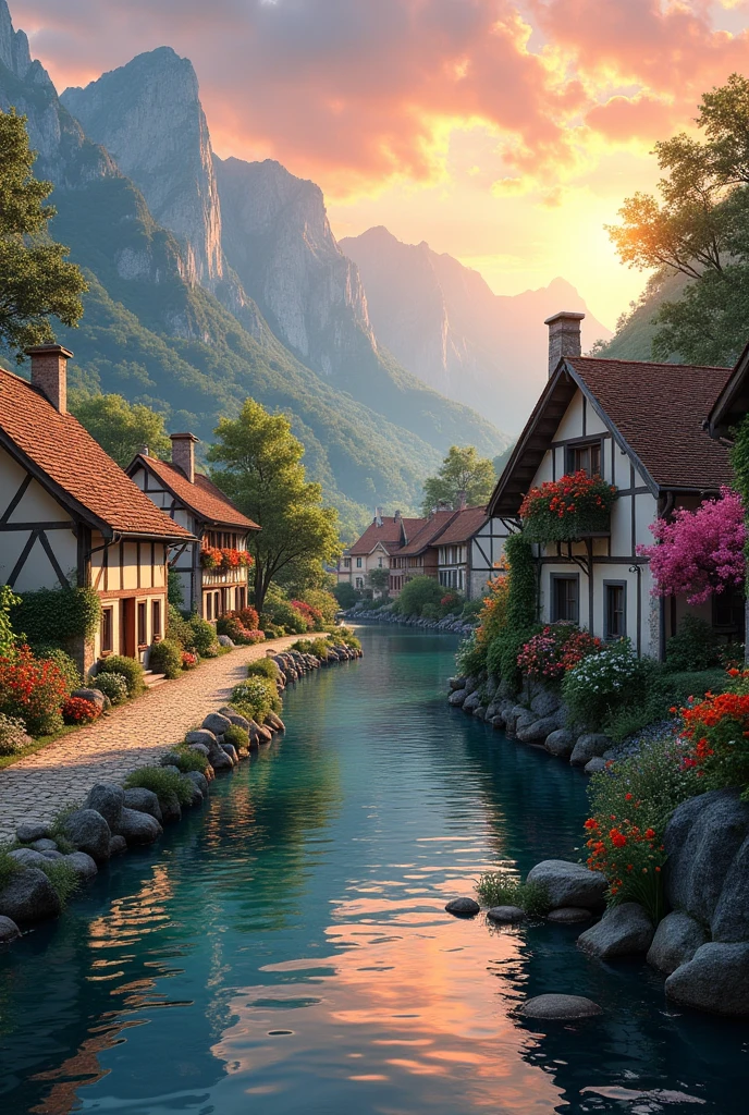 A small village by the river, mountains in the background, colorful flowers, detailed landscape style, beautiful natural scenery, atmospheric lighting,  scorching sunset ,  warm colors, practical, photographic, detailed foliage, complex buildings , cobblestone street, charming country house, vibrant colors, lush vegetation, reflections in the water, pitoresco, idyllic, work of art, Best Quality, 8k, extremely detailed, anime style