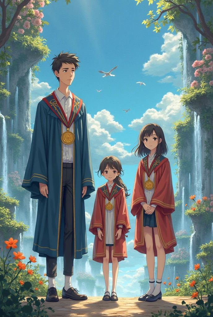 One boy tall height and one girl medium height but the other girl is much taller than the other girl graduation they are in the ceremony with medals ghibi