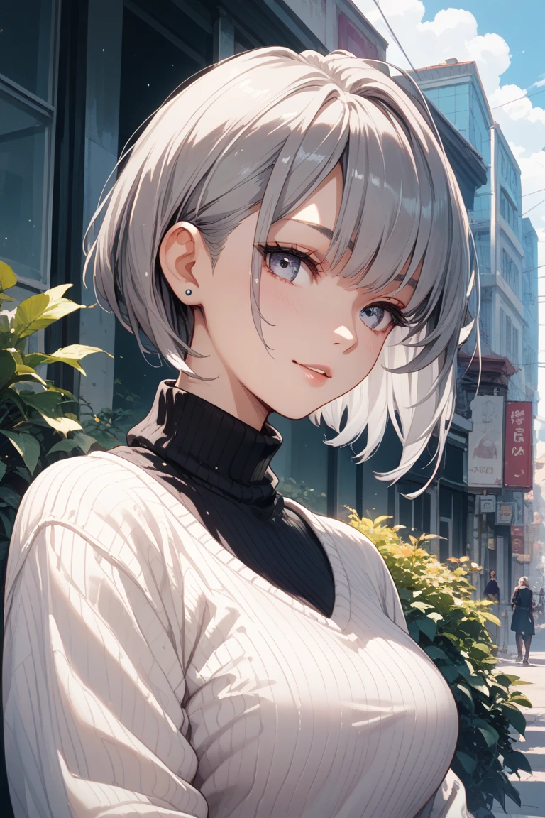 (Highest quality, High resolution, Very detailed), Silver Hair, Short Hair, Reddish brown eyes, sweater dress, lace thong, Large Breasts, 24th generation, Beautiful woman, mature, quiet, Calm, A small smile, city, street,