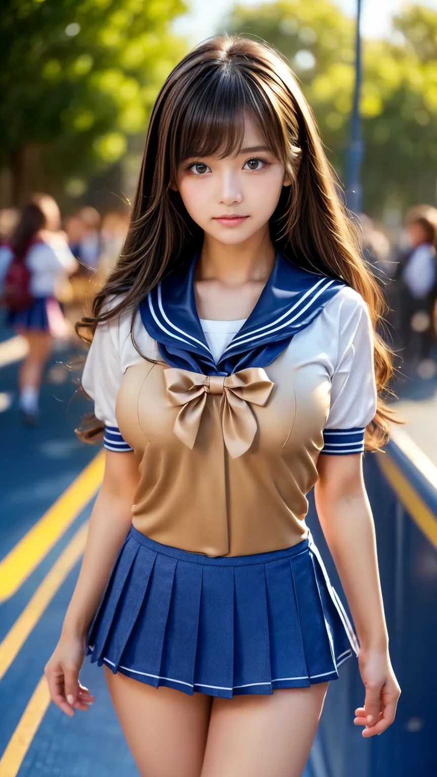 Woman in uniform posing on skateboard, Japan girl, anime girl cosplay, beautiful Japan woman, trending on CGSTATION, gorgeous young Japan woman, surreal schoolgirl, Japan goddess, anime cosplay, beautiful double eyes shining highlights, super huge stretching wrinkles on uniform