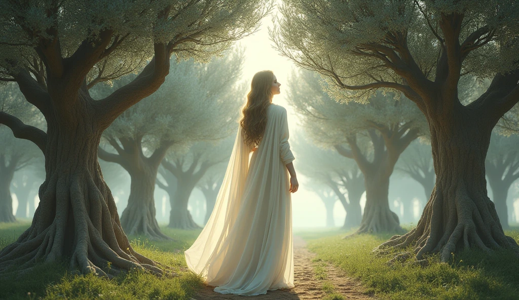 horizontal layout: God in the middle of the olive forest.