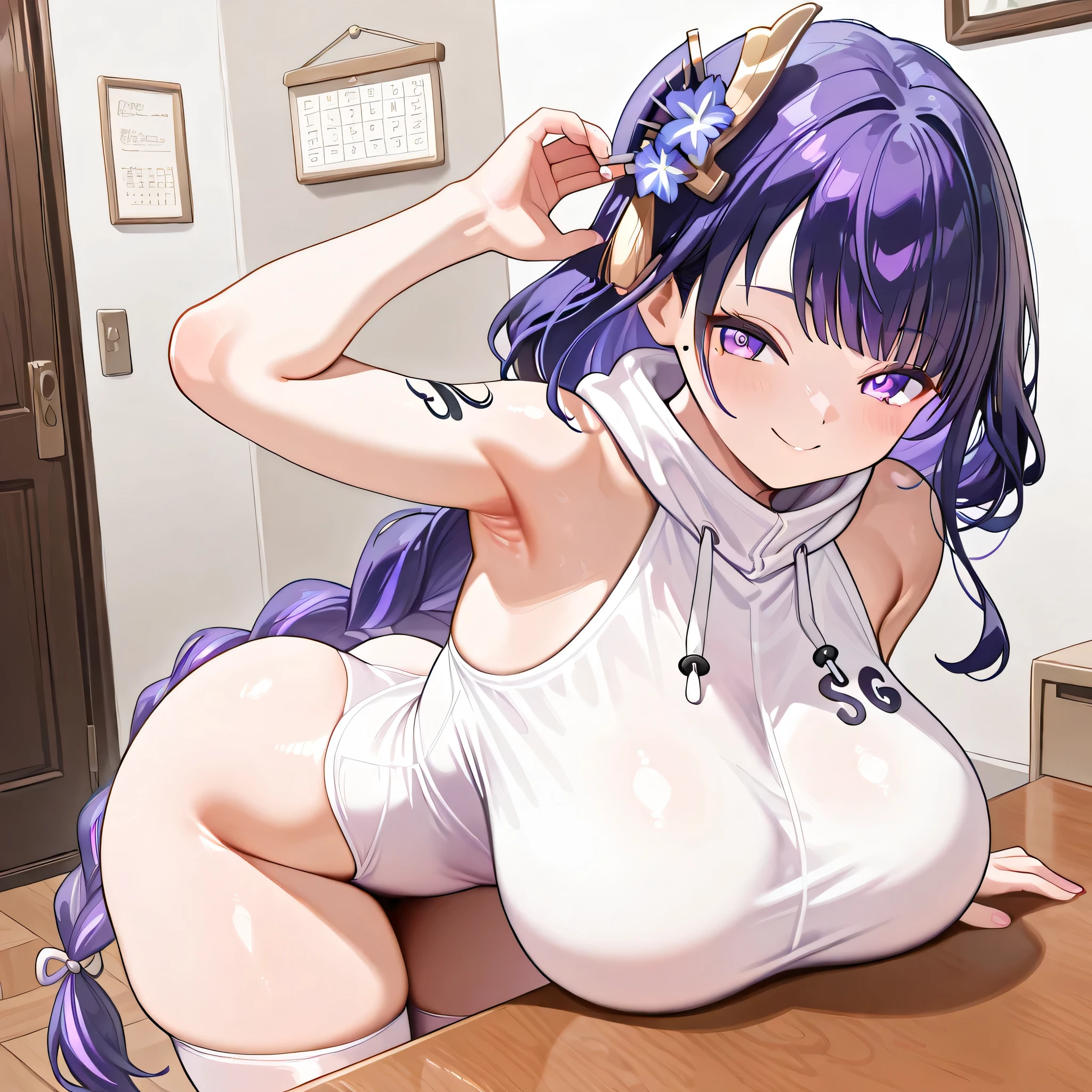 masterpiece, best quality, very aesthetic, absurdres, safe, raiden shogun, beautiful purple eyes ,long braided hair, long purple hair , one mole under eye, Nami costume , She is wearing a simple white top that has large, block letters reading "SSG" on the chest area. The style is anime-inspired, with exaggerated features and a bright, somewhat vibrant color palette. The character's attire includes a short, white , logpost ,ultra very big breast, smile face, fullface body,solo woman , anatomical details , drawstring , indoor , best quality , good eye , apartment, sit on table, apartement livingroom, look a viewer , side, plump thighs , perfect background , Oppai / Large breasts slim body, only one woman , perfect big thighs , side , 8k resolution,hair ornament, Nami costume, side look, side breast, side look, side angle, decoration, big ass, armpit, decoration, brown wall