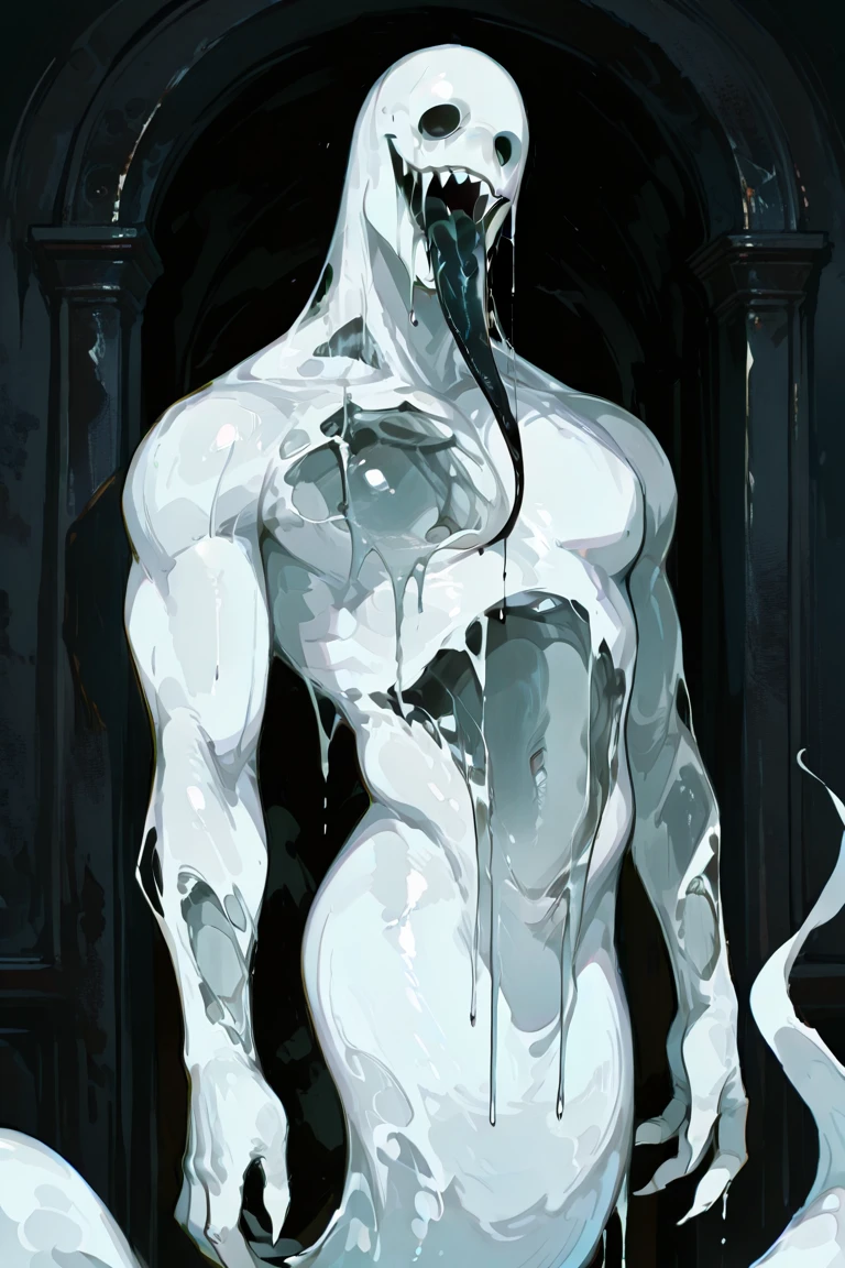 tanraak (style), ((masterpiece)), ((8k quality)), (no watermark), stolas, male, looking at viewer, detailed alley, (solo:1.4), sleek, shiny black slime body, black body, goo, gooey, tail feathers, butt, wearing a white lab coat, fit, strong, muscles, muscular
