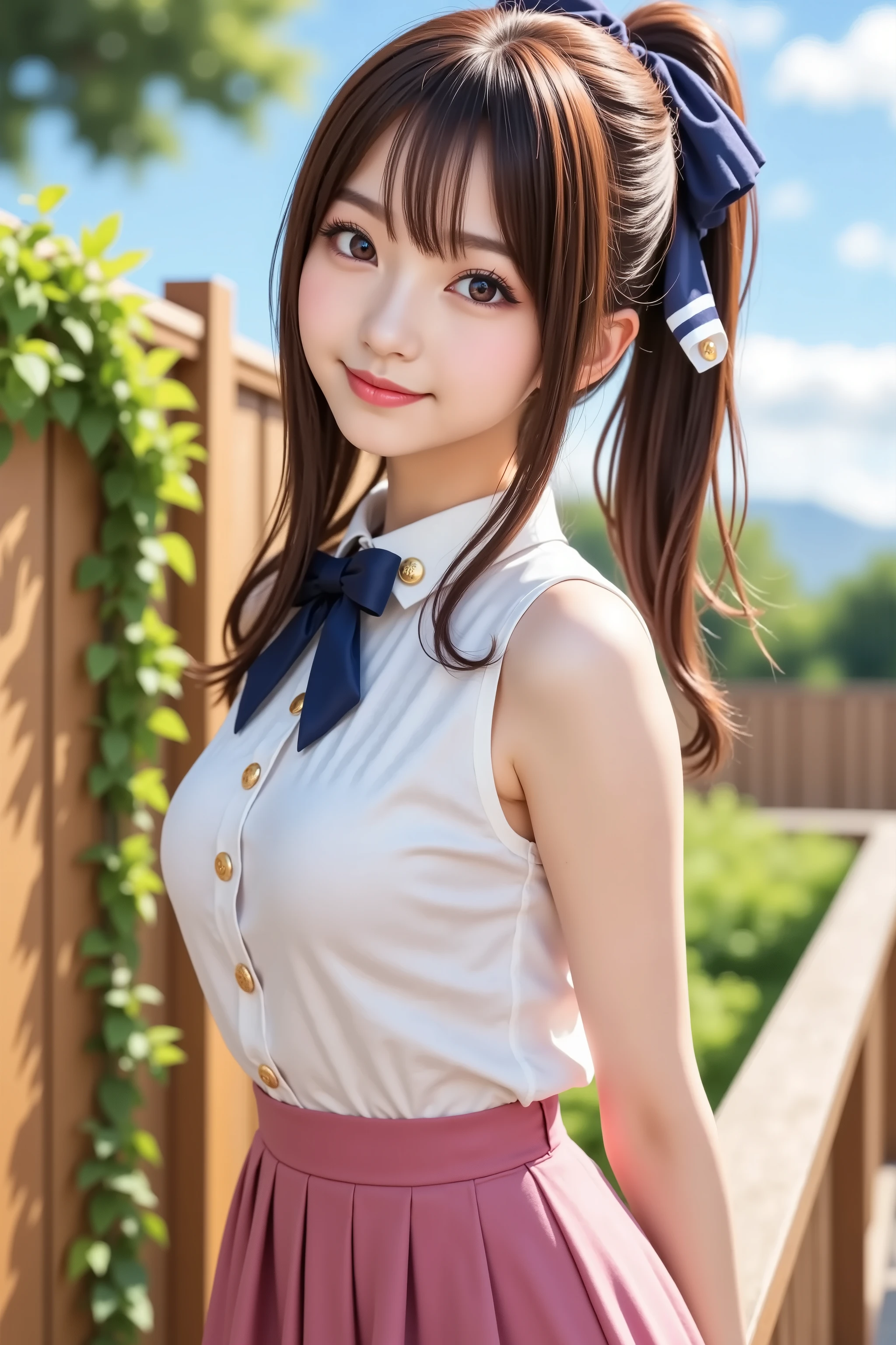 sakura, huge breast, ultra-high-definition 8K of a cheerful young girl standing outside on a sunny day, fully framed so that her entire head and body fit comfortably within the image boundaries without any cropping. She has long, silky chestnut brown hair styled into a voluminous high ponytail secured with a blue ribbon, with loose strands flowing freely around her shoulders and back. Her eyes are large and sparkling pinkish-red, radiating joy and energy, and her expression is bright and friendly with a wide, genuine smile and slightly blushing cheeks that add a touch of charm and innocence. She wears a stylish and summery school-inspired outfit consisting of a sleeveless white blouse with a high collar, detailed with gold buttons and a navy blue ribbon tied at the neck. The ribbon features small striped patterns in gold and navy, giving the outfit a refined and polished look. The blouse is fitted and tucked neatly into her skirt, accentuating her slender figure. She pairs it with a pleated skirt in soft magenta with white and blue accents along the hem, which moves naturally with the gentle breeze. Her posture is relaxed and playful, with both hands resting lightly behind her on a wooden ledge as she leans back slightly, creating a lively and open composition. The background depicts a warm, tranquil outdoor setting, featuring a wooden fence covered with green ivy and lush foliage, illuminated by soft, golden sunlight from the upper left. The sky is clear with fluffy white clouds and patches of vibrant blue, while the lighting across the scene casts delicate highlights and soft shadows on her skin and clothes. Her skin is fair and glows under the sun, with subtle shading that enhances the realism of her form while maintaining a clean anime aesthetic. The textures on her clothing are detailed, showing soft creases, fabric sheen, and movement, while her hair strands are finely rendered to reflect light naturally. The entire composition is v