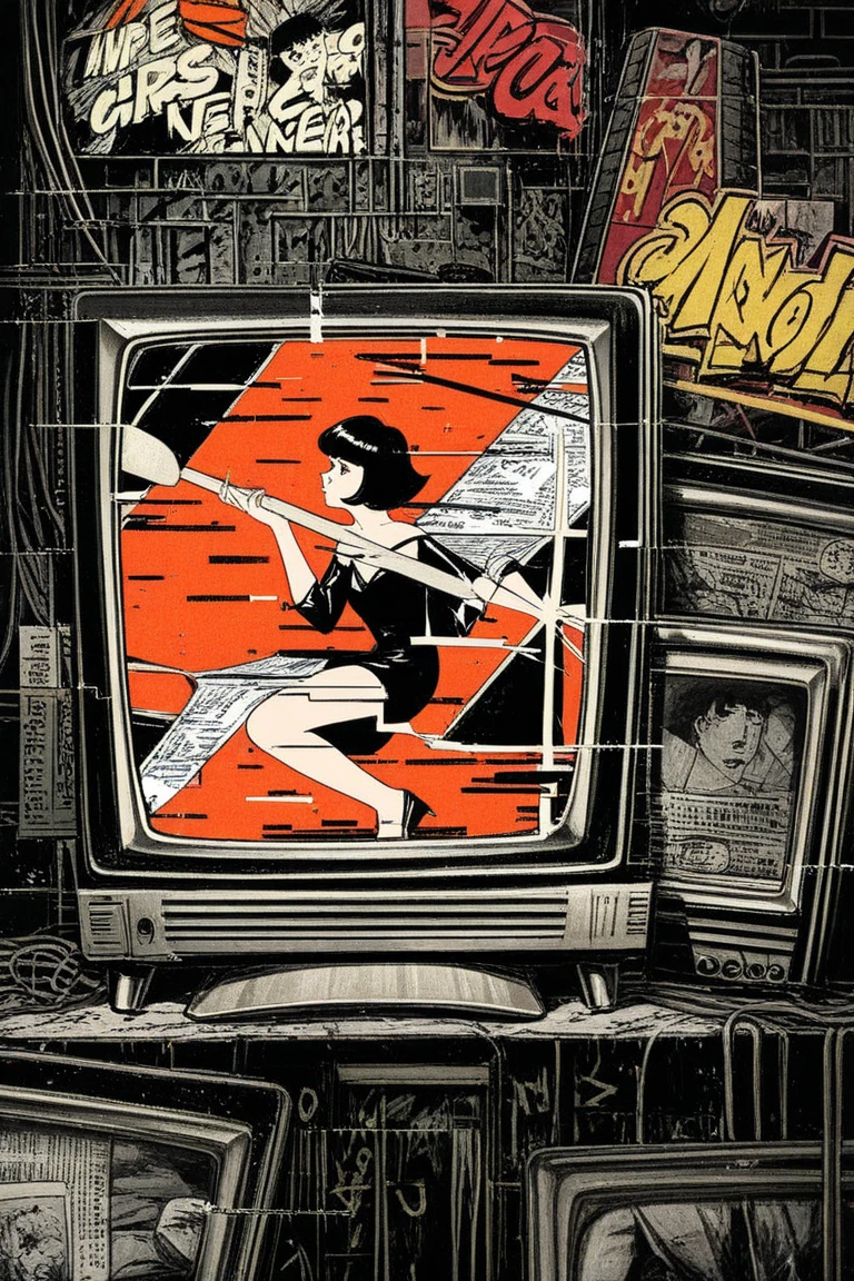 A surreal retro collage artwork featuring a vintage black-and-white television set with the screen cracked and shattered. Inside the screen, black and white cut-out figures from 1960s news broadcasts and old films are breaking out, holding protest signs, microphones, and megaphones. The background features modern graffiti walls, torn newspaper clippings, and analog glitch effects. The composition blends old and new, creating a dramatic contrast between eras. Use high-contrast colors, with red and black as dominant accent tones. Include paper textures, ripped edges, and photocopy overlays to evoke a punk zine aesthetic. Style: retro-futuristic, dadaism, grunge, mixed media collage. The overall atmosphere should express rebellion, urgency, and sharp social commentary.
