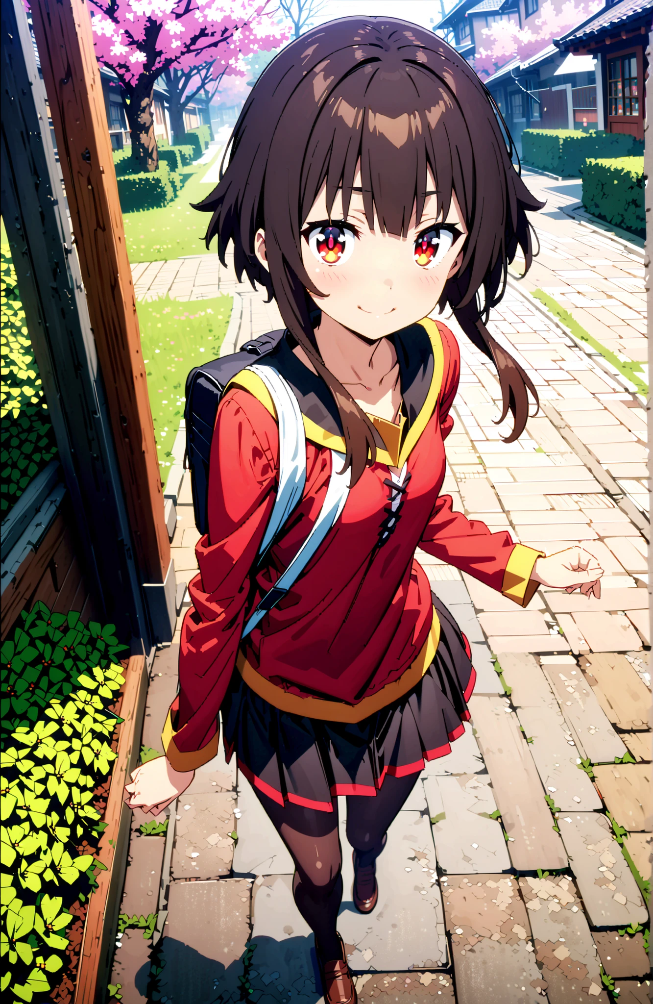 konosubaMegumin, Megumin, short hair, black hair, Red Eyes, short hair with long locks,
smile,blush,close your mouth,black sailor suit,long sleeve, black mini pleated skirt ,Black Pantyhose,loafers,Student bag 1 :1,cherry blossoms,is walking,morning,full bodyがイラストに入るように,break looking at viewer,full body,
break outdoors, residential area,
break (masterpiece:1.2), best quality in bronze, high resolution, Unity 8Kの壁紙, ( illustration :0.8), (beautiful detailed eyes:1.6), highly detailed face, perfect lighting, highly detailed CG, (perfect hand, perfect anatomy),