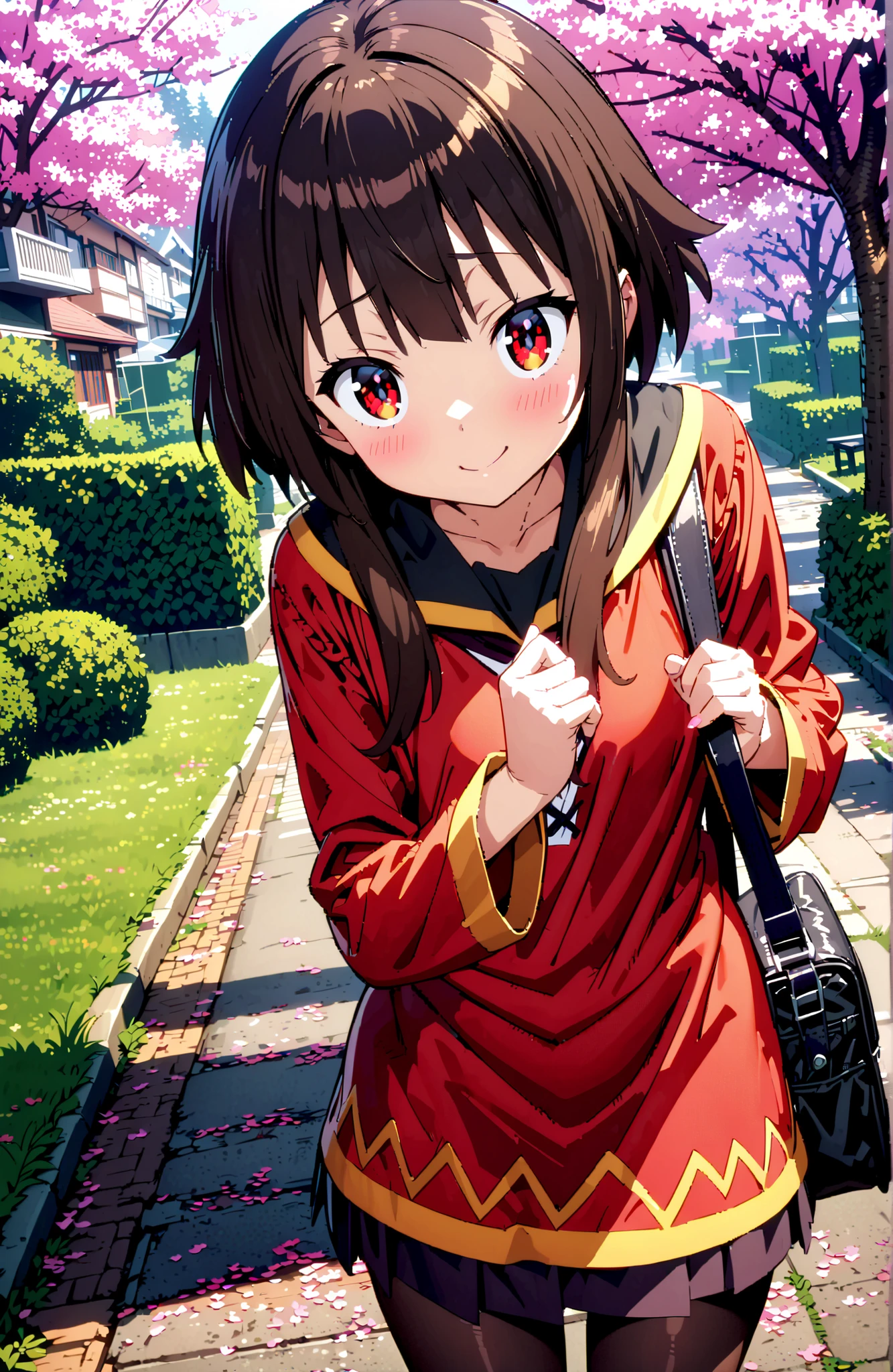 konosubaMegumin, Megumin, short hair, black hair, Red Eyes, short hair with long locks,
smile,blush,close your mouth,black sailor suit,long sleeve, black mini pleated skirt ,Black Pantyhose,loafers,Student bag 1 :1,cherry blossoms,is walking,morning,full bodyがイラストに入るように,break looking at viewer,full body,
break outdoors, residential area,
break (masterpiece:1.2), best quality in bronze, high resolution, Unity 8Kの壁紙, ( illustration :0.8), (beautiful detailed eyes:1.6), highly detailed face, perfect lighting, highly detailed CG, (perfect hand, perfect anatomy),