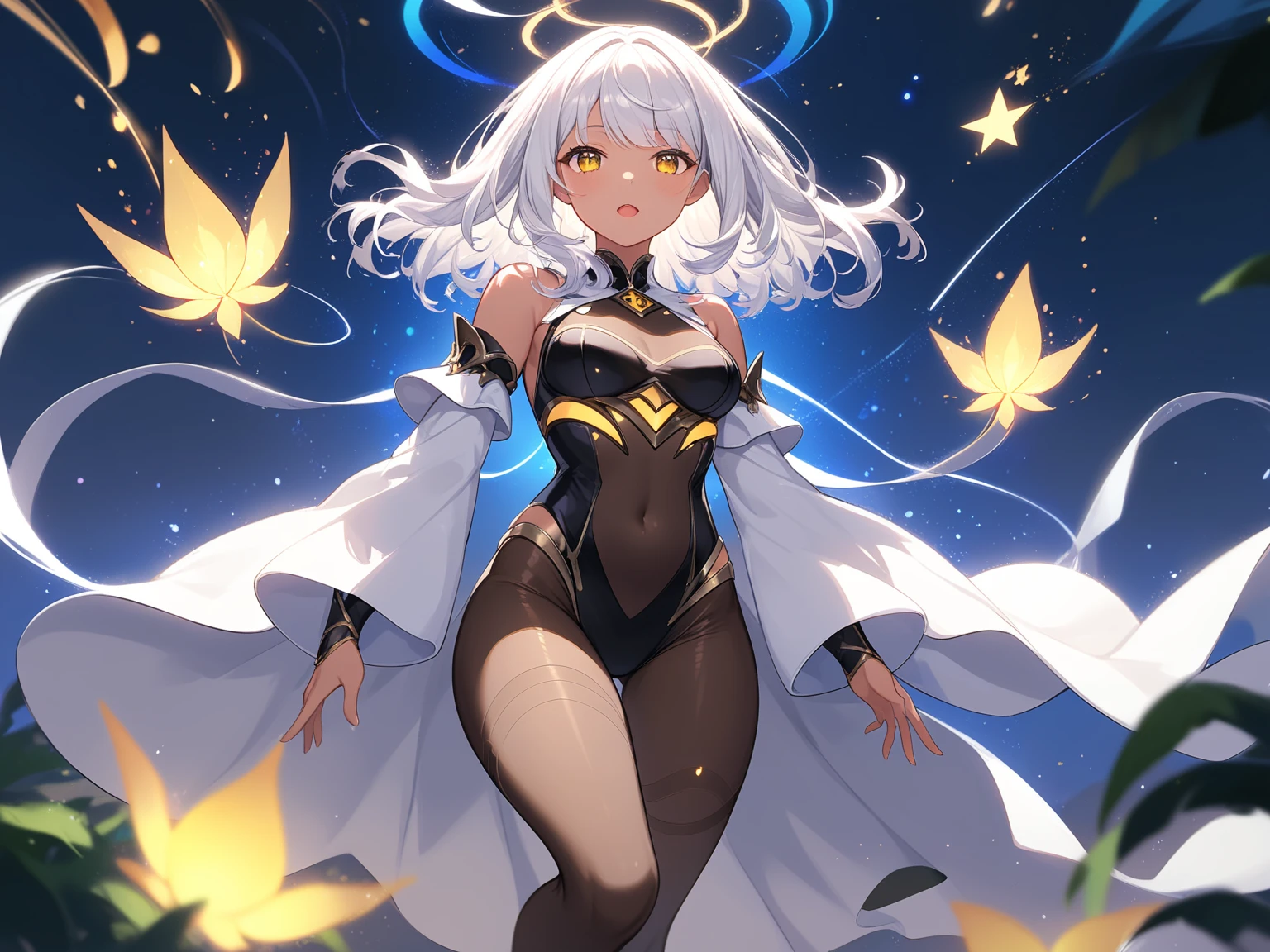 (Best Quality, Masterpiece:1.2), Ultra Detailed, 1girl, full body, tanned skin, brown skin, white hair, short hair, bold smile, arms crossed, large breasts, magic circle, strong aura, strong, detailed digital anime art, Best Quality, Masterpiece, Ultra-detailed, Beautiful, high resolution, Original, CG 8K, perfect artwork, beautiful face, Face Clean, Skin, hyper realistic, Ultra Detailed, detailed eye, dramatic lighting, (Realistic) Realistic, Full HD, Best Quality, Best Quality, Beautiful lighting, High Details, sharp-focus