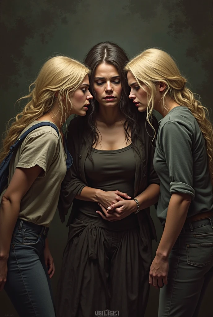 Three blonde ugly girls screaming in a black hair girl's ears