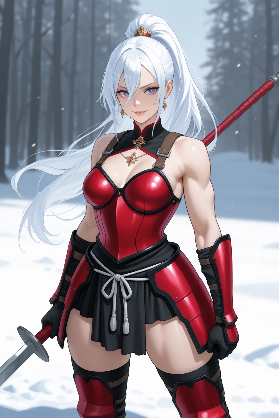 Cartoon of a woman in red armor with a sword, She has a sword, Natalie in an epic battle fantasy, north adult Woman warrior, Woman warrior, Silver Hair,Red Eyeuscular,Color lineart, She's ready to fight, A woman in red and black armor, Color lineart, complex fantasy characters, bikini armor female knight