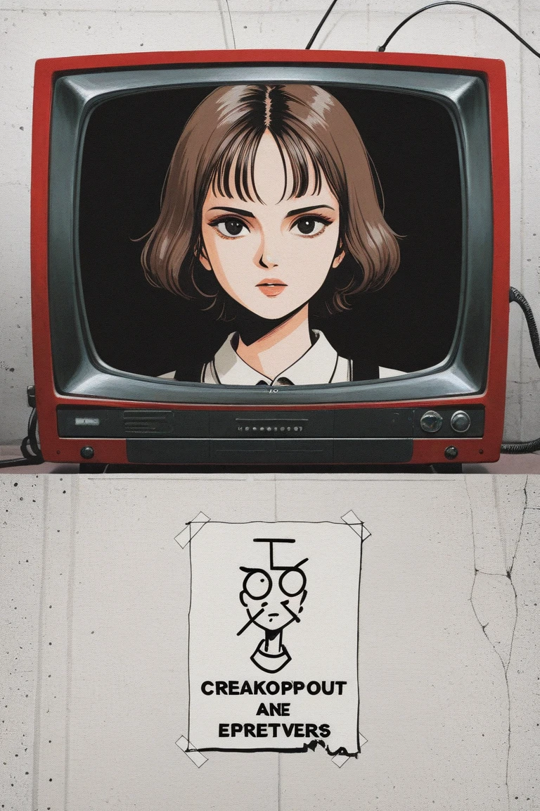 A surreal retro collage artwork featuring a vintage black-and-white television set with the screen cracked and shattered. Inside the screen, black and white cut-out figures from 1960s news broadcasts and old films are breaking out, holding protest signs, microphones, and megaphones. The background features modern graffiti walls, torn newspaper clippings, and analog glitch effects. The composition blends old and new, creating a dramatic contrast between eras. Use high-contrast colors, with red and black as dominant accent tones. Include paper textures, ripped edges, and photocopy overlays to evoke a punk zine aesthetic. Style: retro-futuristic, dadaism, grunge, mixed media collage. The overall atmosphere should express rebellion, urgency, and sharp social commentary.
