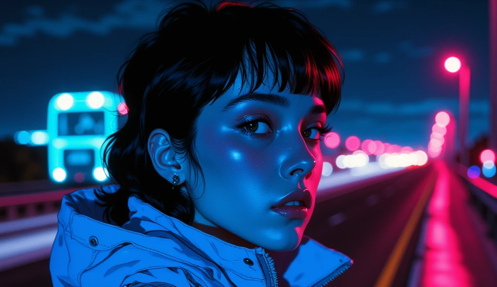 Close-up of an improved masterpiece:1.5)0.9], Woman wearing a jacket blue from the 80s, On a highway at night, Estilo Synthwave, retro,