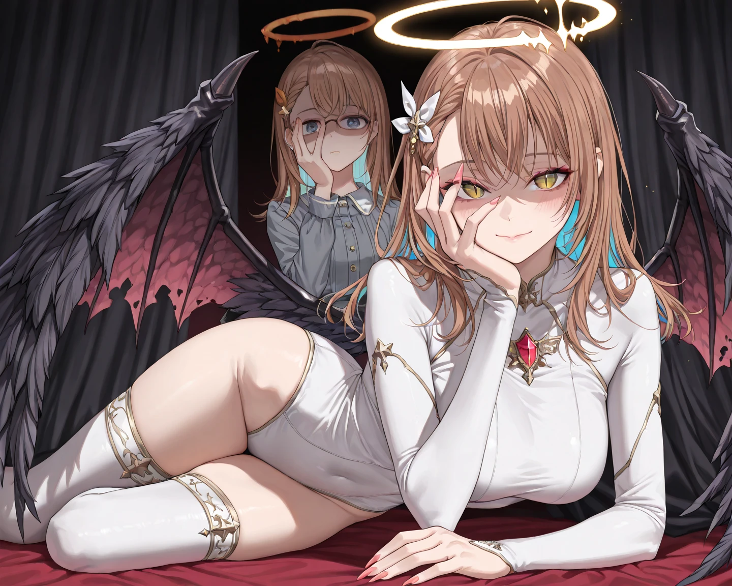 ((Highest quality)), ((masterpiece)), (detailed), (Perfect Face)、The woman is sleeping naked in bed with a man. She is Princess Leona with light brown, medium-long hair, and is sleeping hugging the man, who is a dignified demon lord of an evil organization.、Women are brainwashed, expressionless, and have no highlights in their eyes.、The woman is sleeping, held close by the powerful demon king of an evil organization.、A powerful demon king of an evil organization is sleeping on a luxurious bed, hugging a woman.