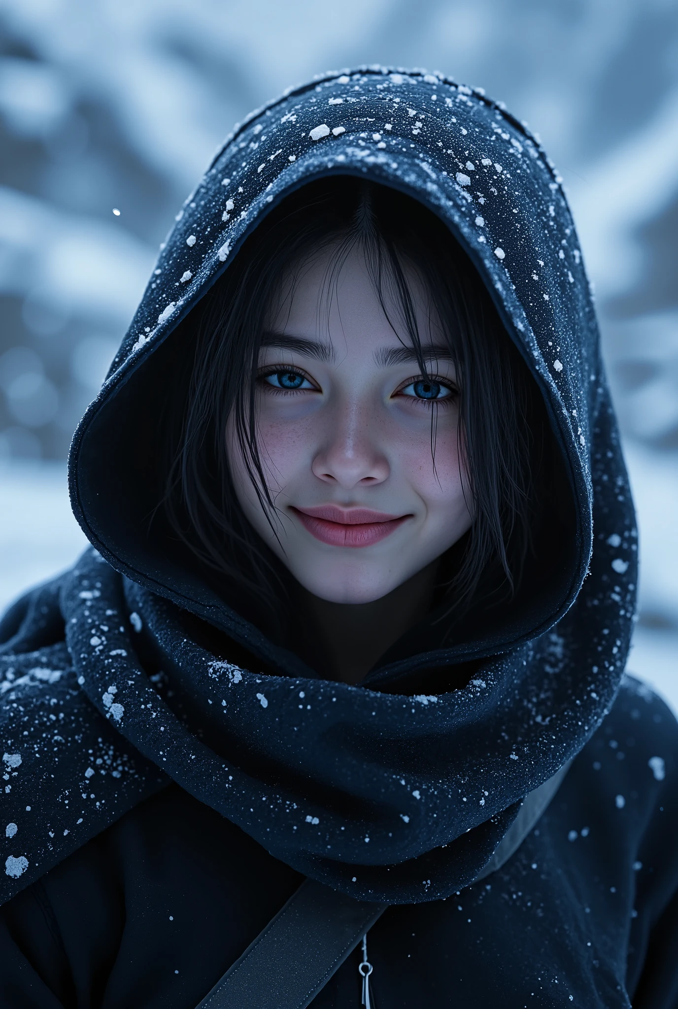 (ultra Realistic) , (illustration), (Enhance resolution), (8k), ( Extremely Detailed), ( detailed face ), Slim Body, in the dark , deep shadow, low profile, pureerosfaceace_v1, Happy smile, Winter, Mountain