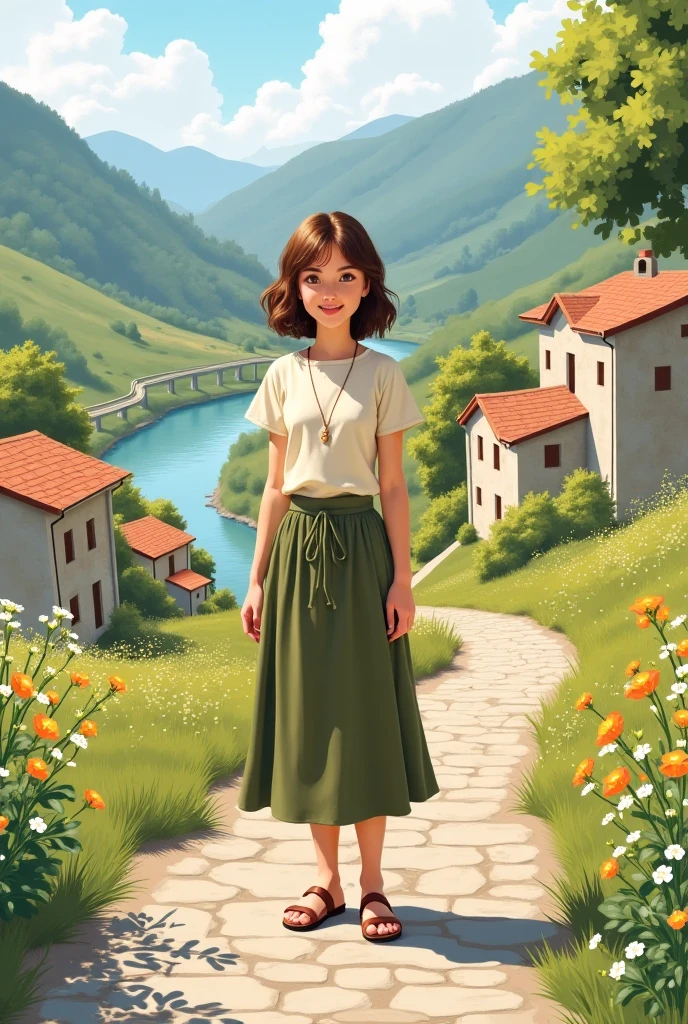 Poor girl A young woman, light-skinned, with shoulder-length brown hair, stands on a stone path in a picturesque valley. She is centered in the image, positioned slightly right of center.  She is facing the viewer, her expression is pleasant and approachable.  She has gentle features, large eyes, and a light complexion.  She wears a light beige/cream-colored short-sleeved t-shirt and a olive-green, midi-length skirt with a tied waist, and brown sandals. She wears a simple necklace.  The scene unfolds in a sunny, idyllic environment.  The background depicts rolling hills, a meandering river, and quaint, terracotta-roofed houses, nestled in the valley. Lush, green foliage and flowers surround the path. The path is paved with light brownish-gray cobblestones.  The lighting is bright and soft, casting gentle shadows.  The style is painterly and realistic with a slightly stylized aesthetic, similar to digital illustrations.  The overall atmosphere is peaceful, serene, and charming. The colors are muted and harmonious, with a pastel palette including light greens, yellows, beiges, and light blues.