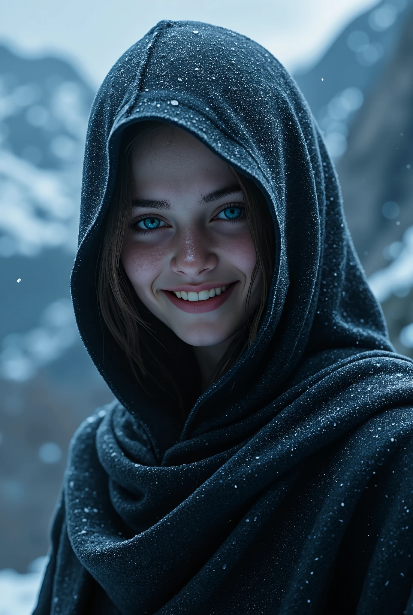 (ultra Realistic) , (illustration), (Enhance resolution), (8k), ( Extremely Detailed), ( detailed face ), Slim Body, in the dark , deep shadow, low profile, pureerosfaceace_v1, Happy smile, Winter, Mountain