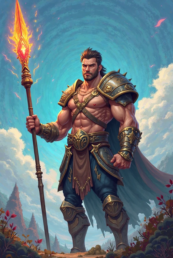 A fierce tribal warrior, intense battle, high fantasy RPG style, League of Legends-inspired art style, dynamic poses, intricate armor and accessories, detailed facial features, cinematic lighting, vibrant colors, dramatic atmosphere, gritty realism, masterpiece, best quality, ultra-detailed,