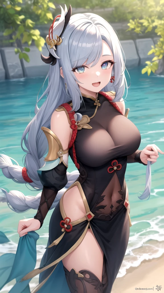 bathing, half body on water, earrings, braided hair, bodysuit, hip vent, (sea background), ShenheV4, anime cels style, best quality, high resolution, 1girl, (huge breasts:1.2), beautiful face, grey hair, long hair, hair ornament, (hair over one eye), blue eye, cowboy shot, smiling, blushing