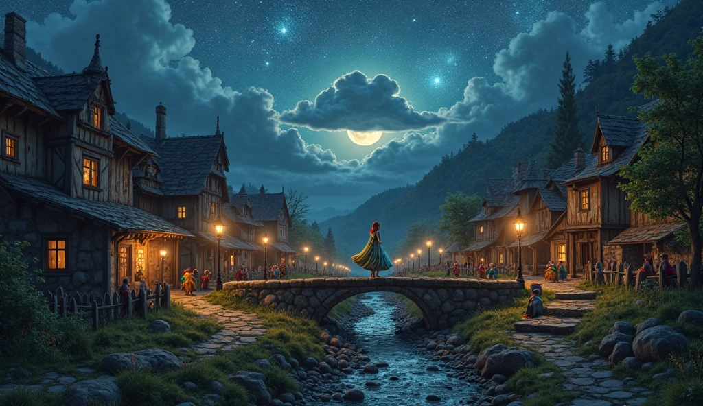 Ultra realistic graphics like a digital HD photo, fairy tale, description: it's night, an early medieval settlement seen from a bird's eye view, lights are burning in the windows of houses, old torches are burning in the streets. Tiny gnomes in colorful clothes are sitting under the houses. The area is mountainous and you can see the moon far behind the mountains. A beautiful, slim and enchanted princess is walking in the middle of the main street over a bridge by the stream. The princess is as realistic as a real one, she holds a magic wand in her hand - a stick from which a cloud with clearly visible notes flies into the sky. The notes in the sky turn into stars and scatter the stars throughout the night sky.