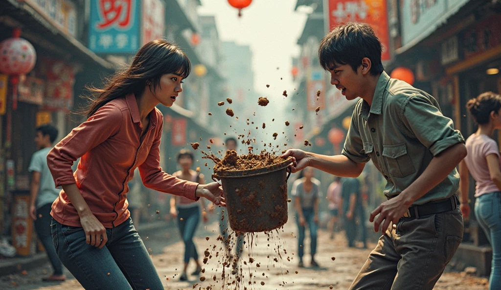 daytime，A young man in Taiwan，gets into a fight with a pair of sisters on the side of the street，Boys are too angry，Grab a bucket of excrement，splashes on his sister，Sister Scared