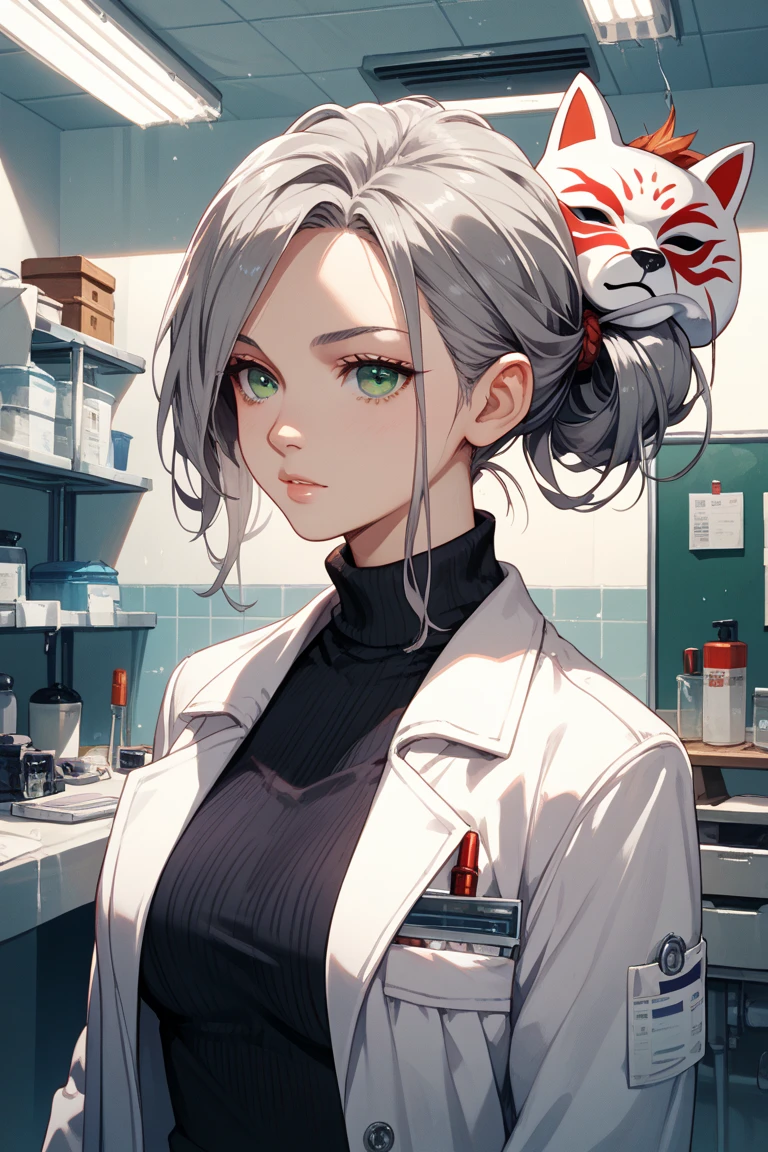 Gray hair, purple mesh color, mullet hairstyle, deep green eyes, female in her 20s wearing a fox mask, white coat doctor, black turtleneck sweater, background is an examination room 