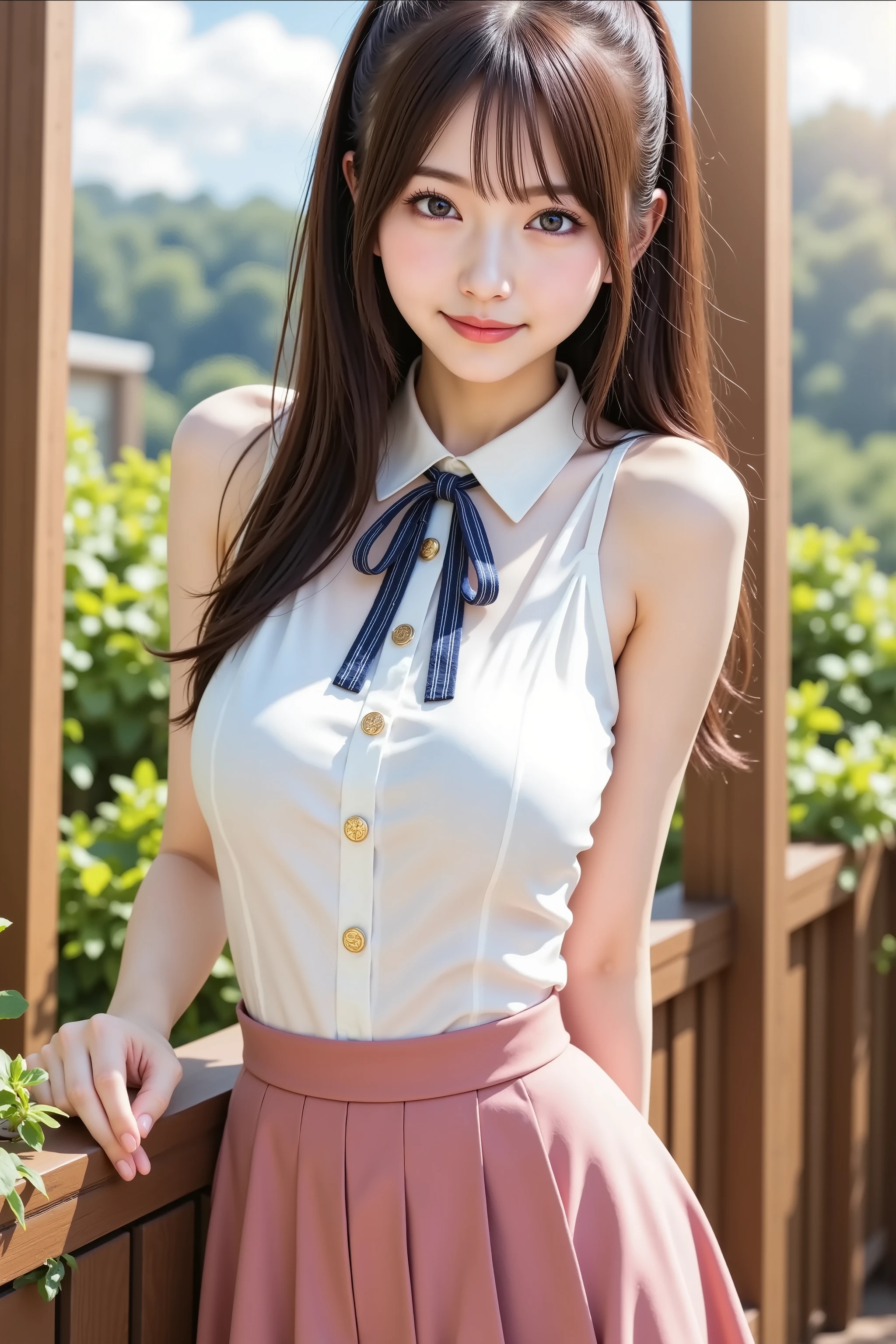 misaki, firm breasts, ultra-high-definition 8K of a cheerful young girl standing outside on a sunny day, fully framed so that her entire head and body fit comfortably within the image boundaries without any cropping. She has long, silky chestnut brown hair styled into a voluminous high ponytail secured with a blue ribbon, with loose strands flowing freely around her shoulders and back. Her eyes are large and sparkling pinkish-red, radiating joy and energy, and her expression is bright and friendly with a wide, genuine smile and slightly blushing cheeks that add a touch of charm and innocence. She wears a stylish and summery school-inspired outfit consisting of a sleeveless white blouse with a high collar, detailed with gold buttons and a navy blue ribbon tied at the neck. The ribbon features small striped patterns in gold and navy, giving the outfit a refined and polished look. The blouse is fitted and tucked neatly into her skirt, accentuating her slender figure. She pairs it with a pleated skirt in soft magenta with white and blue accents along the hem, which moves naturally with the gentle breeze. Her posture is relaxed and playful, with both hands resting lightly behind her on a wooden ledge as she leans back slightly, creating a lively and open composition. The background depicts a warm, tranquil outdoor setting, featuring a wooden fence covered with green ivy and lush foliage, illuminated by soft, golden sunlight from the upper left. The sky is clear with fluffy white clouds and patches of vibrant blue, while the lighting across the scene casts delicate highlights and soft shadows on her skin and clothes. Her skin is fair and glows under the sun, with subtle shading that enhances the realism of her form while maintaining a clean anime aesthetic. The textures on her clothing are detailed, showing soft creases, fabric sheen, and movement, while her hair strands are finely rendered to reflect light naturally. The entire composition is