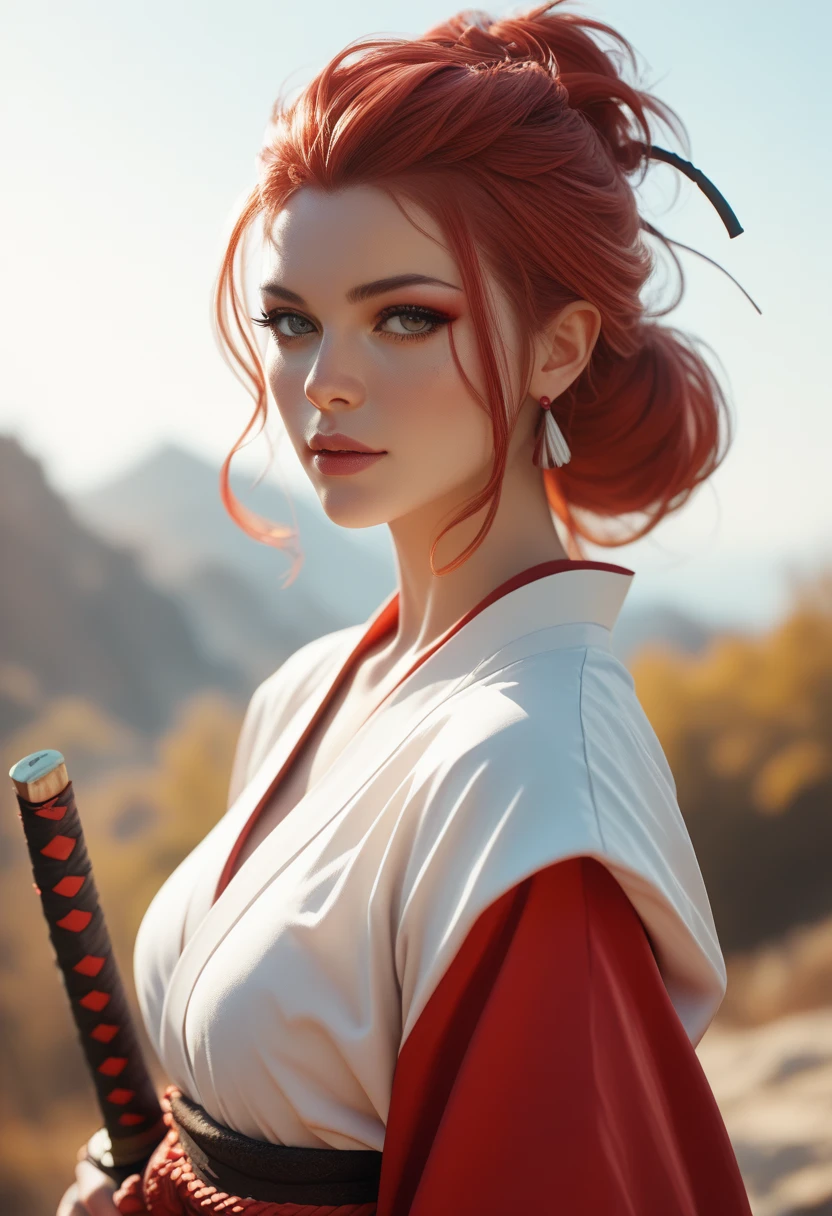 A beautiful red-haired woman dressed as a samurai