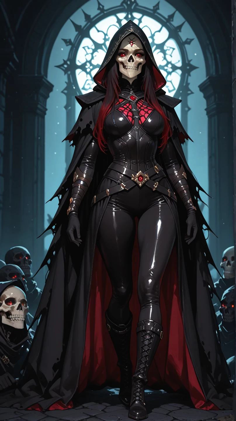 standing full body league of legends style, forest background at sunrise, vastaya black dress, brown cape with hood, long-haired redhead girl with red feathered ears and sharp yellow eyes, black background with yellow squares, neckline, woman with breasts, big breasts.