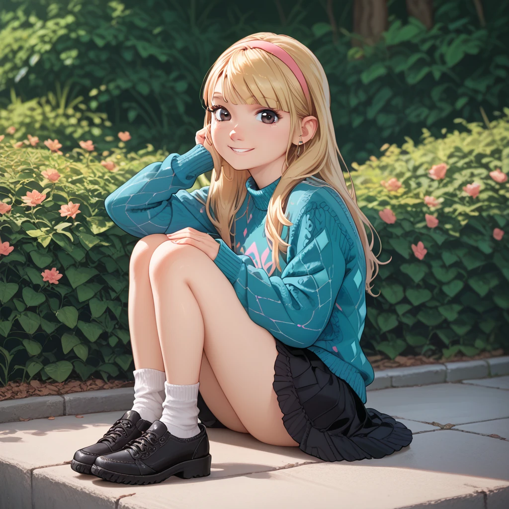 score_9, score_8_up, score_7_up, 
1girl, kendall perkins, blonde hair, blunt bangs, pink hairband, black eyes, looking at viewer, smile, long hair,

argyle sweater, long sleeves, black skirt, lay white socks, black shoes,  