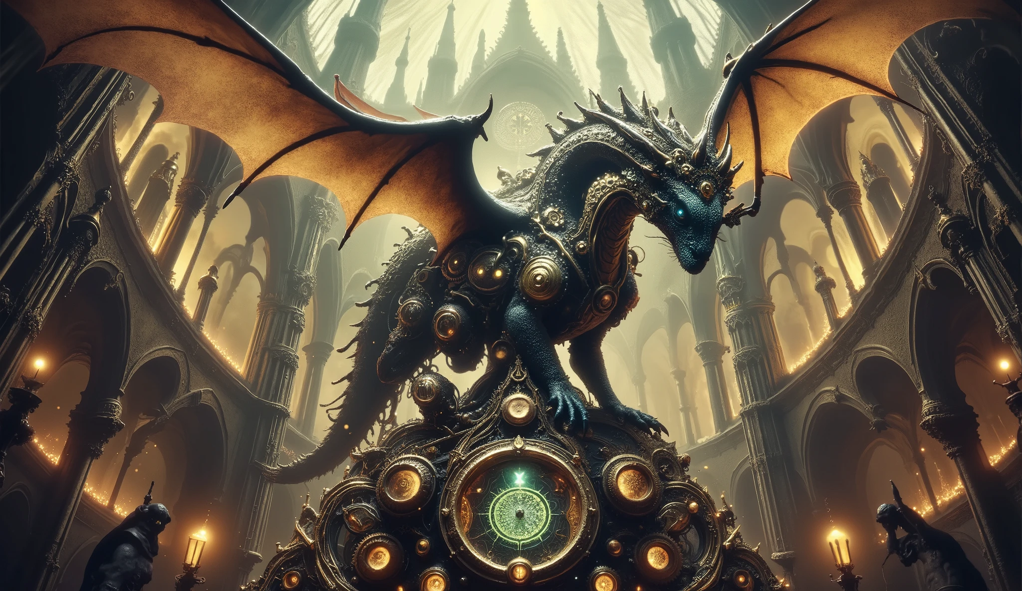A whimsical, clockwork dragon perches atop a towering, steampunk cathedral, its gears whirring and steam hissing. The dragon's eyes glow with an eerie, green light, and its wings are adorned with intricate, brass filigree. The cathedral is a marvel of Victorian engineering, with towering spires, ornate gargoyles, and countless clockwork mechanisms. Rendered in a style reminiscent of Hayao Miyazaki and Jules Verne, with intricate details, warm lighting, and a touch of whimsy.