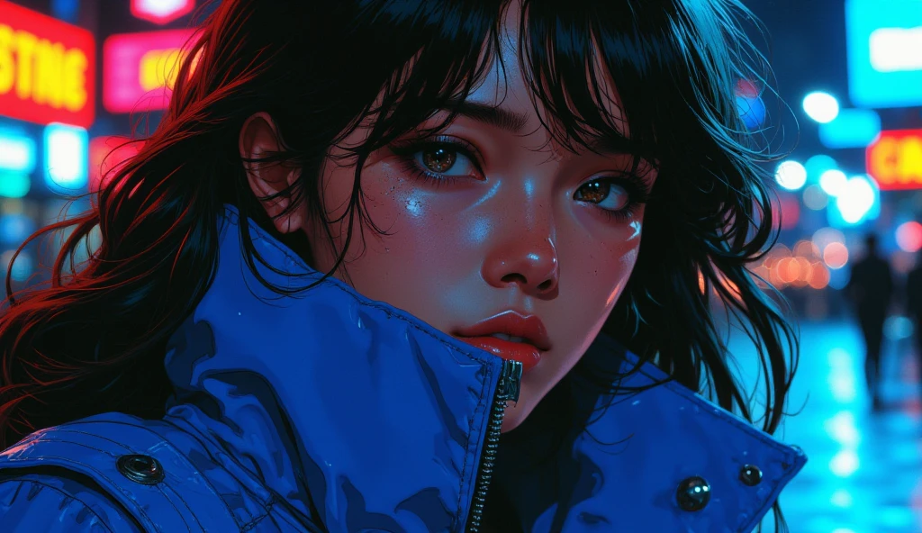 Close-up of an improved masterpiece:1.5)0.9], Woman wearing a jacket blue from the 80s, pelo largo, On a highway at night, Estilo Synthwave, retro,