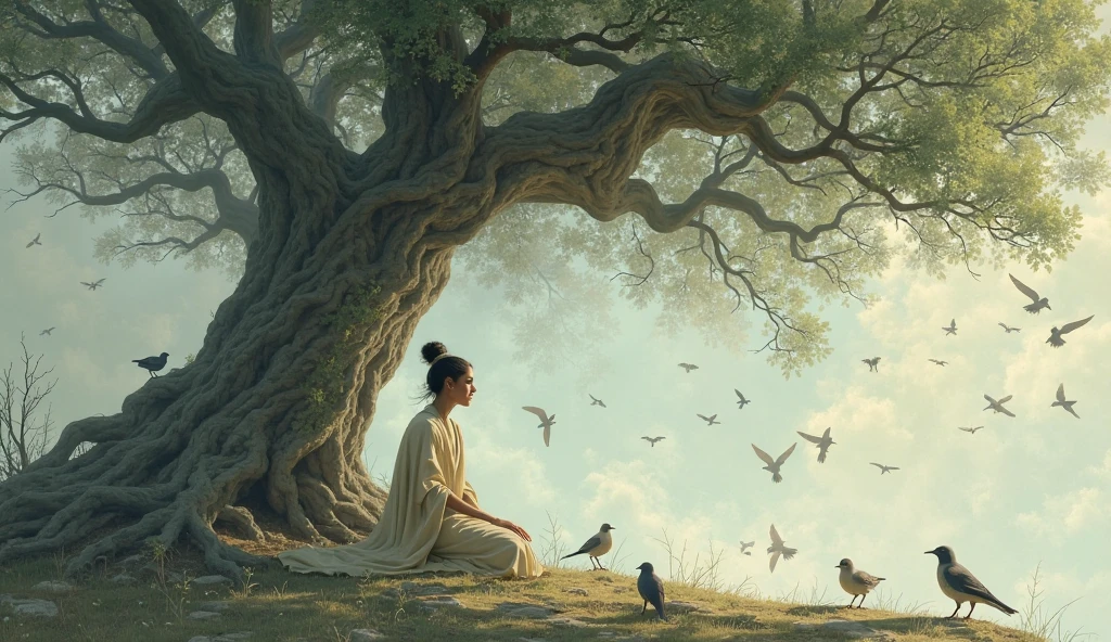 God kneeling under an old tree, birds around.