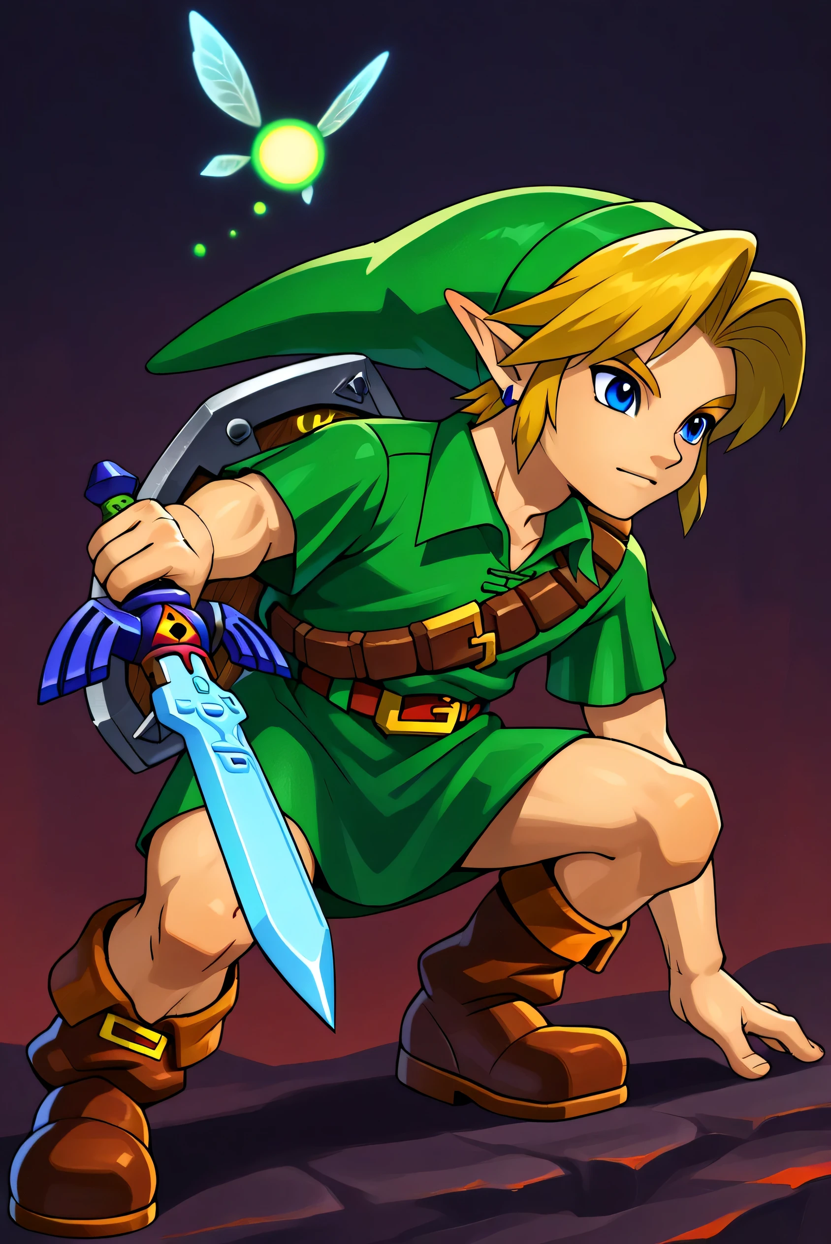 (1boy, younglink, link, blonde hair, blue eyes, hat, pointy ears, green tunic, belt, boots), a close up of a cartoon of a person with a sword, (link from majora's mask),, link from zelda, , legend of zelda,
Young adventurer with blonde hair and pointed elf ears, dressed in a classic green tunic and hat, wielding a large, gleaming silver sword while crouching in a dynamic pose. He is holding a sturdy shield with a somber face design on his back. A glowing yellow fairy-like companion with transparent wings hovers near him, adding a mystical element to the scene. The background is a simple white, emphasizing the vivid colors and iconic fantasy style of the character, (MMstyle, dark shadows, saturated colors)