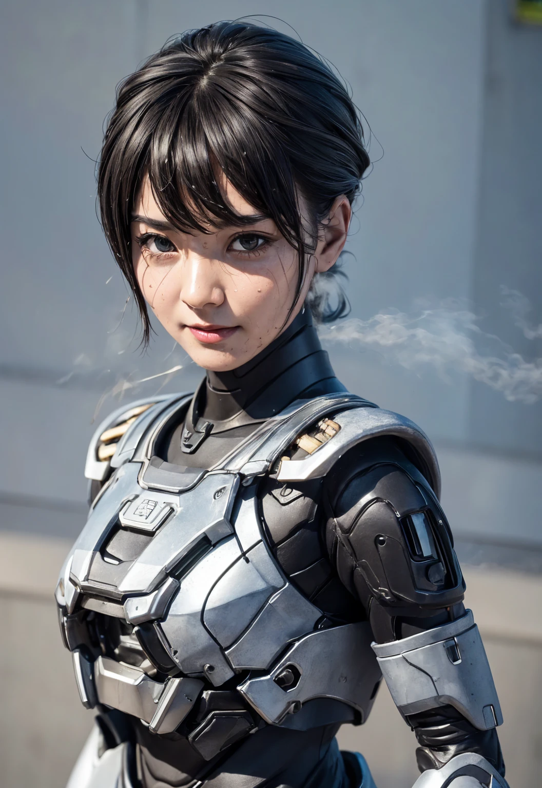 textured skin, very well detailed, attention to detail, High Quality, 最High Quality, high resolution, 1080P, hard disk, beautiful,(There are wires and cables connected to the head and body of the combat machine ),beautifulサイボーグ女性,A middle-aged woman in mecha cyborg,fight, middle-aged woman with mechanical body ,、boyish short hair　black hair、 sweaty brown eyes 、Sweaty face、　Brushing　cute　((steam rises from her head)) ( steam coming out of the whole body ) cool pose