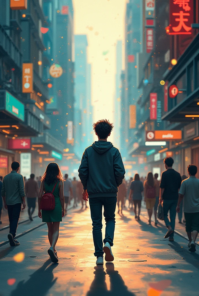 A person walking down the street with background noises (CARS, people talking) that appear as sound waves, but the person is not paying attention.