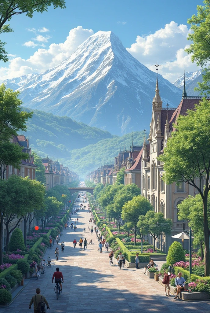 A beautiful city with tree and mountain 