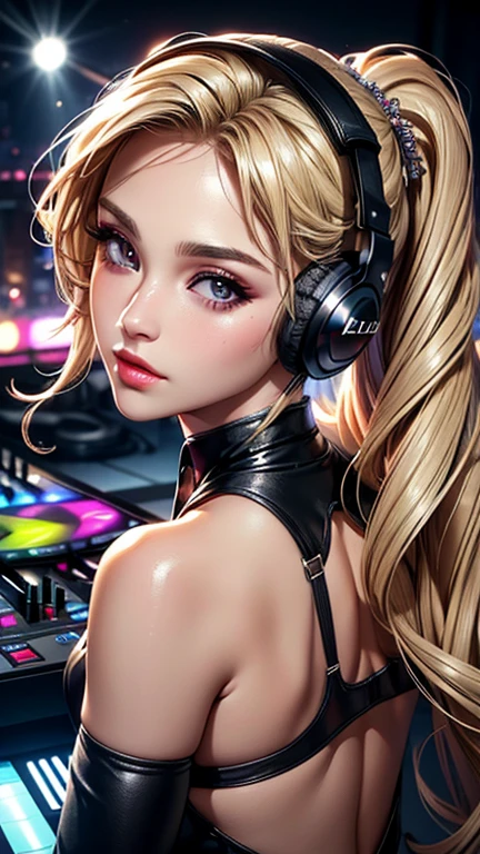 (best quality, 8K, masterpiece:1.3), pretty Woman, 1 DJ girl, beautiful face, (DJ girl at nightclub, Super popular DJ player, Enjoy operating DJ equipment:1.2), (Sexy), blonde hair, curly braided ponytail, (Stylish clothing), Wear headphones, Displaying the viewer, Focus on the venue, Ultra-detailed face, Detailed lips, super detailed eyes, double eyelids, long upper eyelashes, Soft skin, HD skin, portrait, 8k photo, depth of field, Super detailed, best quality detail, retina, Ultra-high resolution, masterpiece, ccurate
