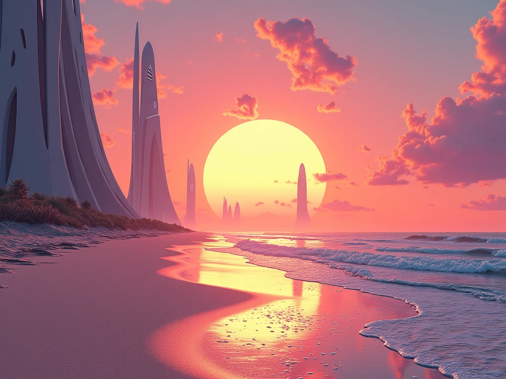 create a hyperrealistic futuristic illustration of a sunset on a beach without people