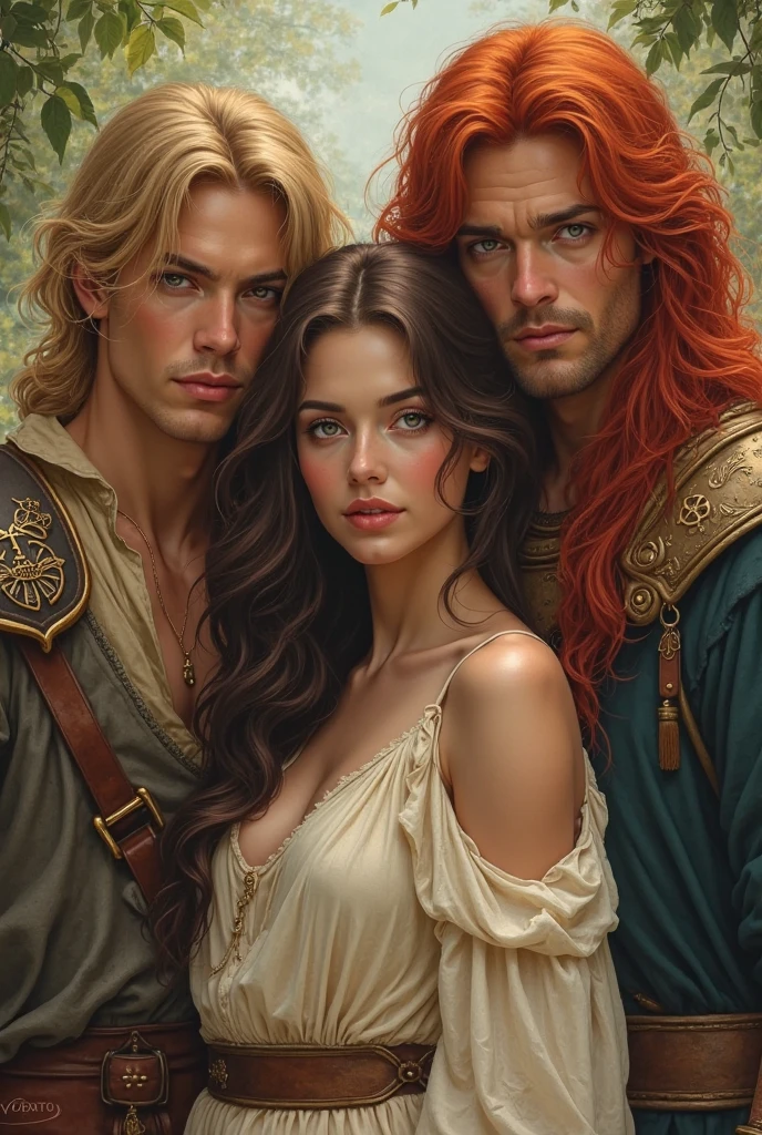 beautiful feminine woman with brown hair and brown eyes, and simple cream-colored dress, into a love triangle with two male warriors, one with long red hair, And another blond guy with long hair 