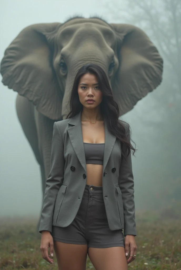
Ultra-realistic full-body portrait of an Asian plus-size model in a formal gray blazer and wide-leg pants, standing in front of a massive elephant in the mist. Empowering and graceful. Vertical 9:16.