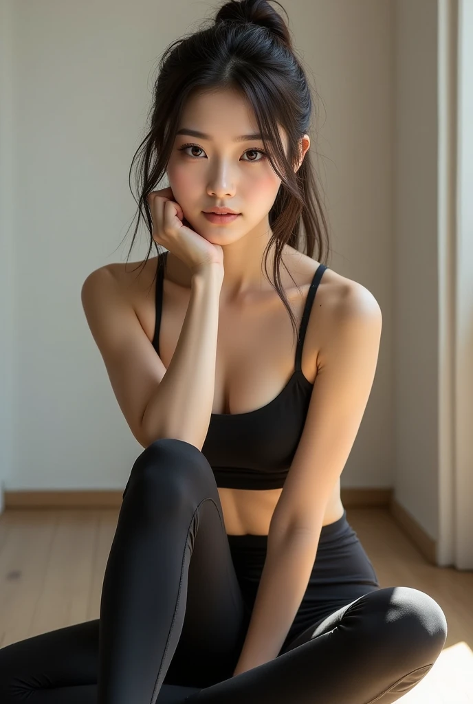one person、High resolution、smile、High resolution、masterpiece、Anatomically correct、Person Portrait、Background blur、Super Real Photo、High resolution、Dramatic image、Harajuku casual fashion、dynamic、The perspective of the shot is quite far away、Capture the whole subject。Capture the whole subject、Beautiful decoration、Sitting cross-legged、Sitting background:Gym in a high-rise building