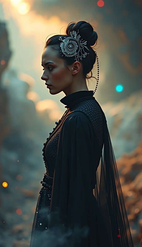 A lone, mystical figure from a forgotten fable, dressed in a bespoke, haute couture ensemble inspired by the likes of Jean Paul Gaultier and Alexander McQueen, stands at the precipice of a swirling, iridescent void, hurtling towards the year 9033. Soft, warm light, reminiscent of a vintage daguerreotype, casts deep shadows on the subject's face, accentuating their enigmatic, otherworldly features. Their attire, a fusion of current trends and vintage nostalgia, shimmers with subtle, UV-reactive neon accents, as if infused with an ethereal energy. The overall aesthetic is a mesmerizing blend of retro-futurism, neo-humanism, and mystical realism, evoking the surreal, dreamlike quality of a psychonaut's journey. Influenced by the imaginative worlds of Natalie Shau, Roger Haus, Guillermo del Toro, Scott Radke, and Jim Henson, this photograph is a captivating, fine art representation of a fantastical, alternate reality. Monotone pastels and earth tones dominate the palette, punctuated by bursts of glittering, cosmic dust, as the subject's gaze, tinged with a hint of mystique, meets the viewer's, drawing them into the depths of this mystical, futuristic realm.