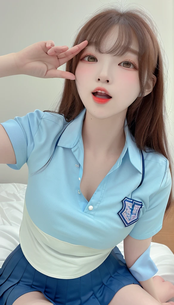 ((Top Quality, 8k, Masterpiece: 1.3)), 1 Girl, Beauty: 1.3, (Casual Hairstyle, Big: 1.2), Super Detail Face, Delicate Eyes, Double Eyelids, Soft Breasts, High School Student in School Uniform, Perched on Hotel Bed, With Bangs, Blurred Background