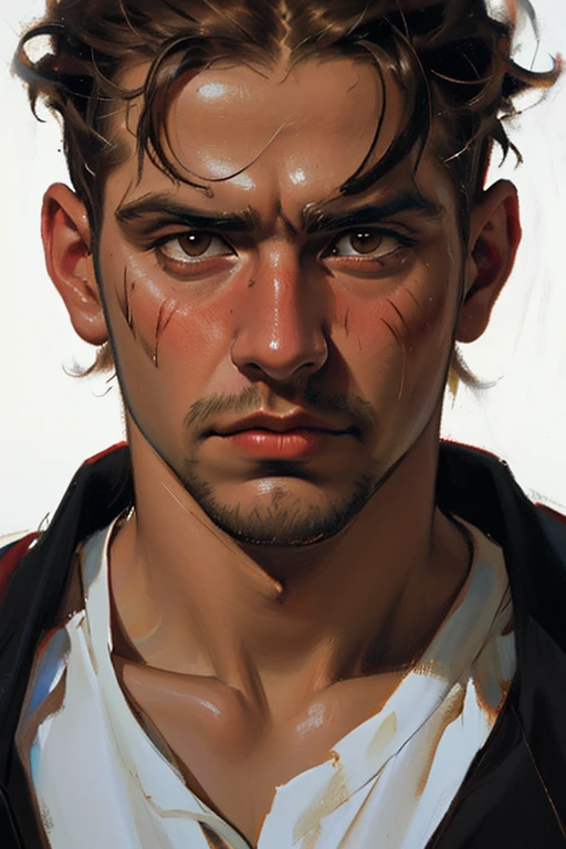 styled in the gritty realism of Soviet-era photography, depicts a 29-year-old late-twenties Russian man of Slavic descent. His stern, rugged features include a crooked nose, suggesting past trauma, dark, intense brown eyes, and short, messy dark brown hair.  His expression is one of hardened resolve, his gaze direct and unwavering. Bruised knuckles hint at a life of physical labor or conflict. He wears a vintage 1980s blue sports jacket with bold red stripes, layered over a simple white t-shirt, paired with black jogging pants. The man's posture is slightly slumped, yet he emanates strength and resilience. Just white background (close-up portrait) (eye contact with viewer) (Maga, realistic), (oil painting in sfumato technique) 