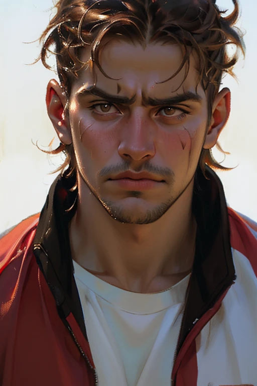 styled in the gritty realism of Soviet-era photography, depicts a 29-year-old late-twenties Russian man of Slavic descent. His stern, rugged features include a crooked nose, suggesting past trauma, dark, intense brown eyes, and short, messy dark brown hair.  His expression is one of hardened resolve, his gaze direct and unwavering. Bruised knuckles hint at a life of physical labor or conflict. He wears a vintage 1980s blue sports jacket with bold red stripes, layered over a simple white t-shirt, paired with black jogging pants. The man's posture is slightly slumped, yet he emanates strength and resilience. Just white background (close-up portrait) (eye contact with viewer) (Maga, realistic), (oil painting in sfumato technique) 