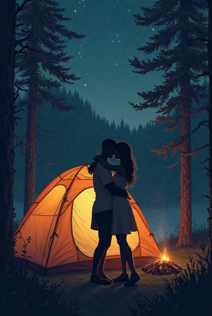 A camping tent set up at a campsite,Silhouette of a man and woman having doggy style sex,