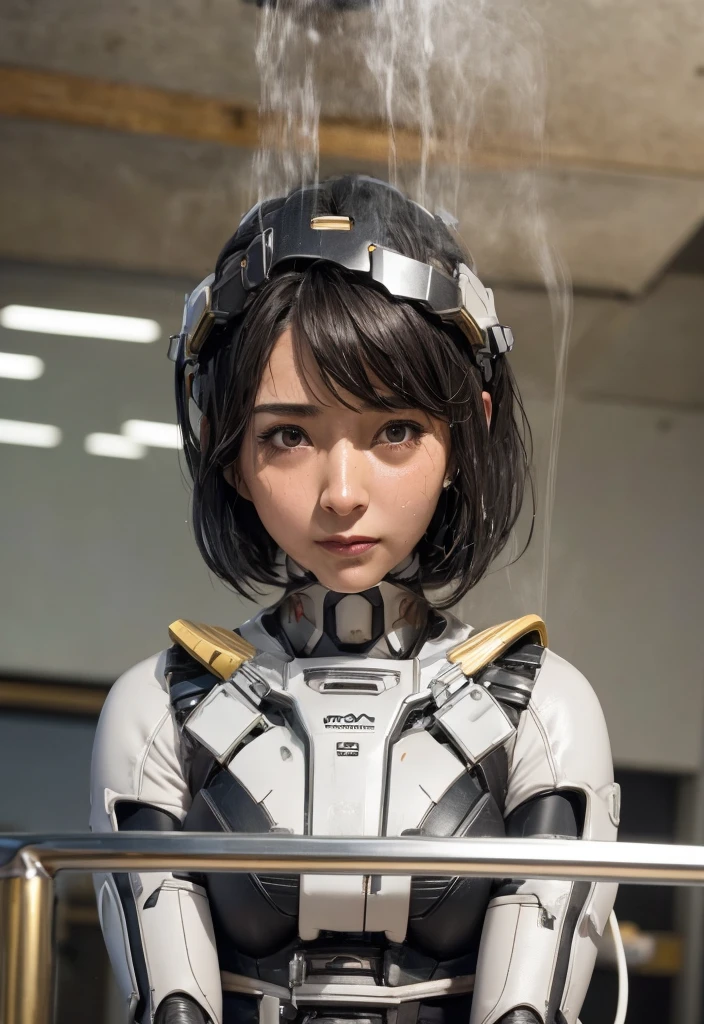 textured skin, very well detailed, attention to detail, High Quality, 最High Quality, high resolution, 1080P, hard disk, beautiful,(There are wires and cables connected to the head and body of the combat machine ),beautifulサイボーグ女性,A middle-aged woman in mecha cyborg,fight, middle-aged woman with mechanical body ,、black hair、brown eyes in the oral vagina、Sweaty face、　Brushing　cute　((steam rises from her head)) ( steam coming out of the whole body ) full body portrait