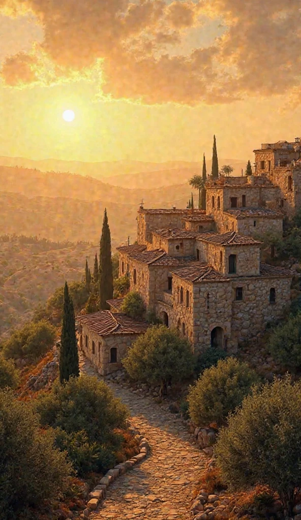Tent 1: A panoramic view of a peaceful Palestinian village (Beit Sahour), surrounded by ancient olive trees under a golden sunset sky. Traditional stone houses and hills in the background.